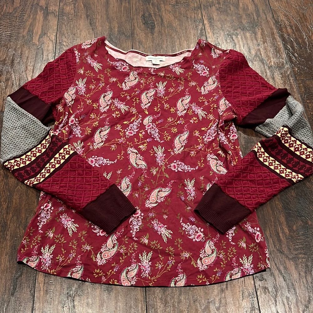 Sundance Womens Sharrar Top Paisley Floral Embroidered Long Sleeve Wine Sz M